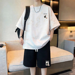 夏季青少年纯棉短袖t恤男孩初中高中学生帅气大童休闲运动服套装