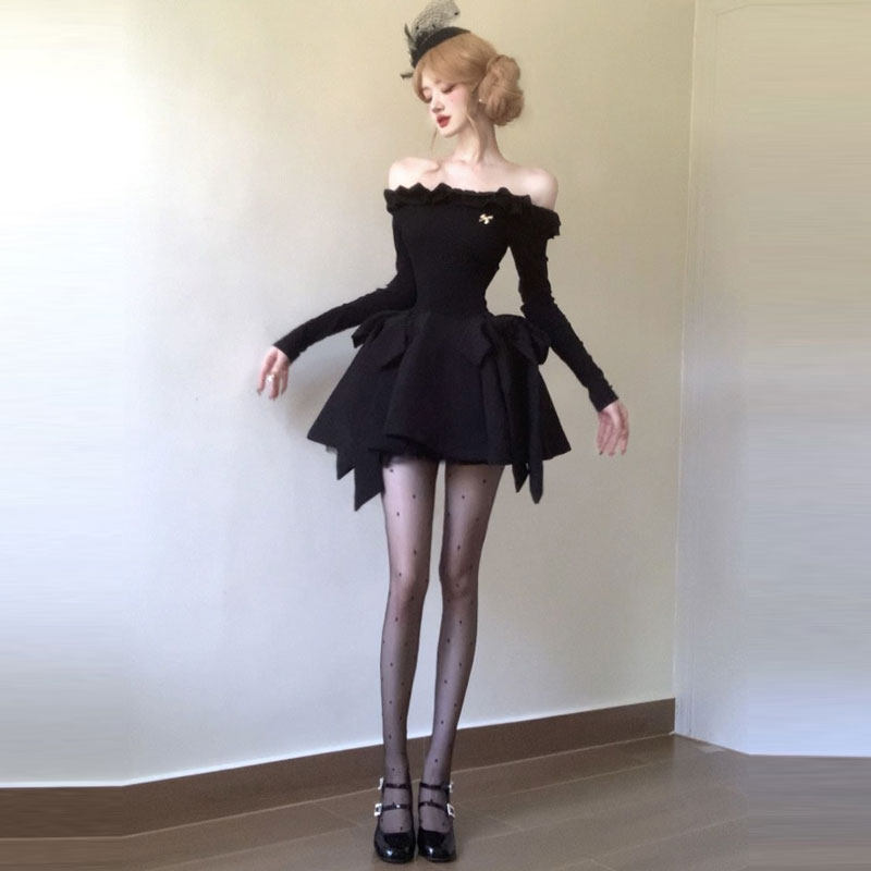 性感黑色一字肩洋装女夏季小个子约会穿搭高级感生日礼服蓬蓬裙