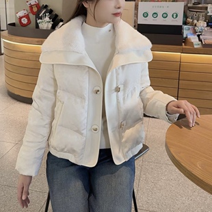 新中式国风提花羊羔毛翻领拼接毛呢短款羽绒服女冬新款小个子外套