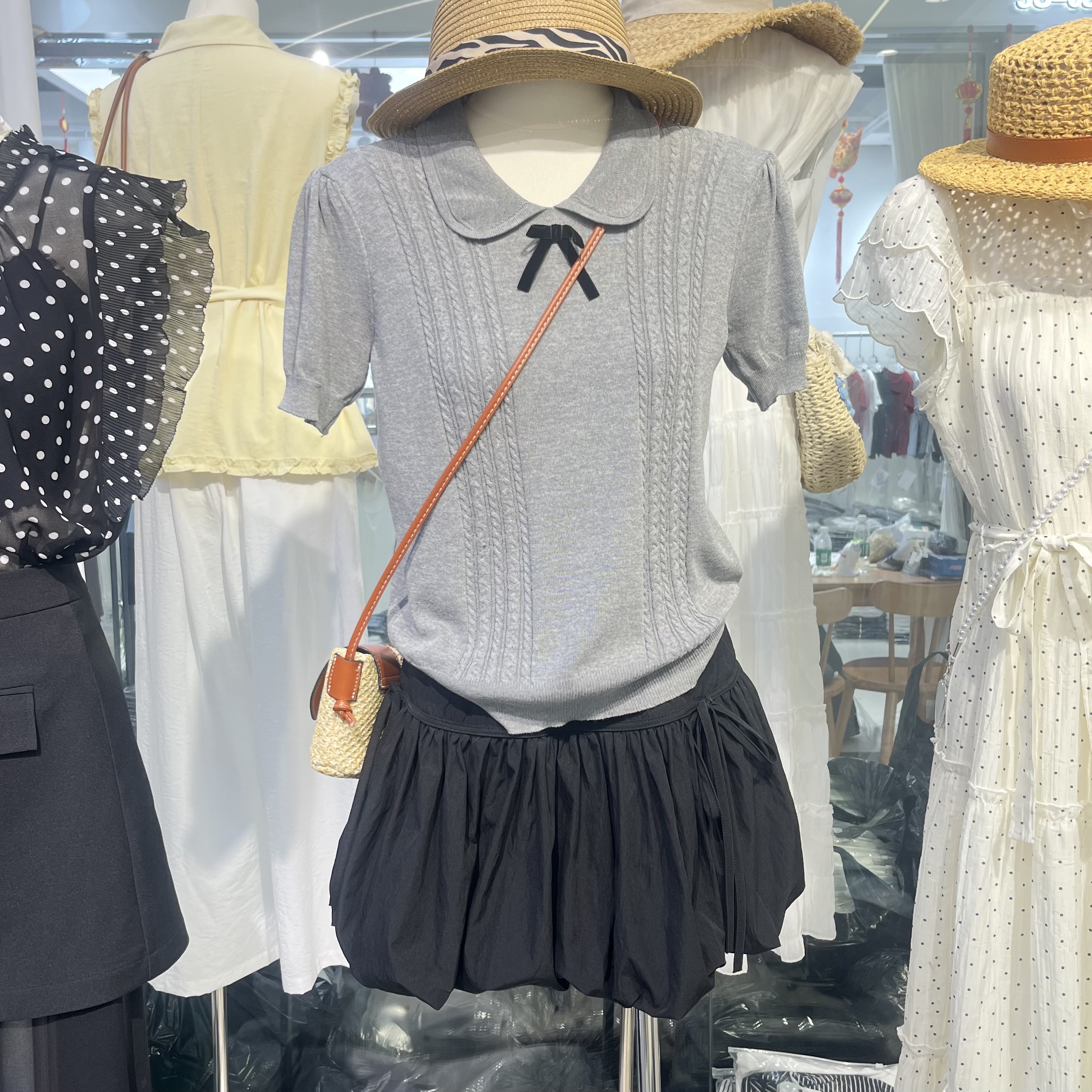 2026夏新款时尚娃娃领短袖上衣+荷包半身裙两件套显瘦时尚套装女
