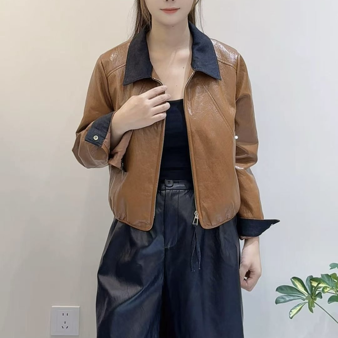 2025秋季新款韩版时尚翻领拉链PU皮衣短外套女宽松显瘦夹克上衣