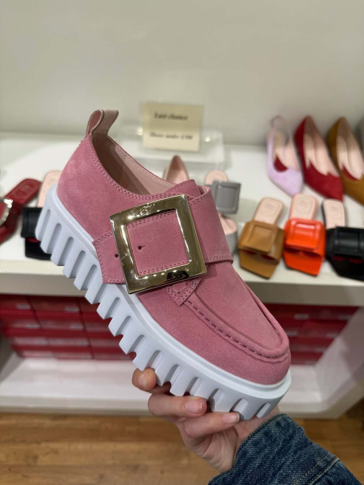 roger vivier 粉色麂皮 viv go thick厚底乐福鞋 包邮包税