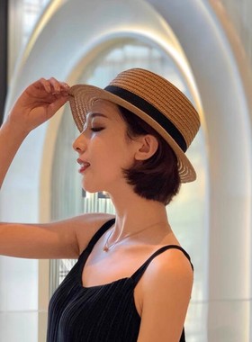 夏季新款法式平顶草帽女款大头围平檐海边沙滩度假礼帽大码编织帽