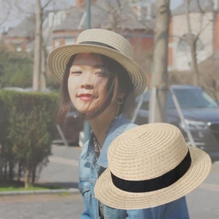 旅游帽子女款出游防晒平顶礼帽英伦遮阳帽度假韩国草帽大头围夏季
