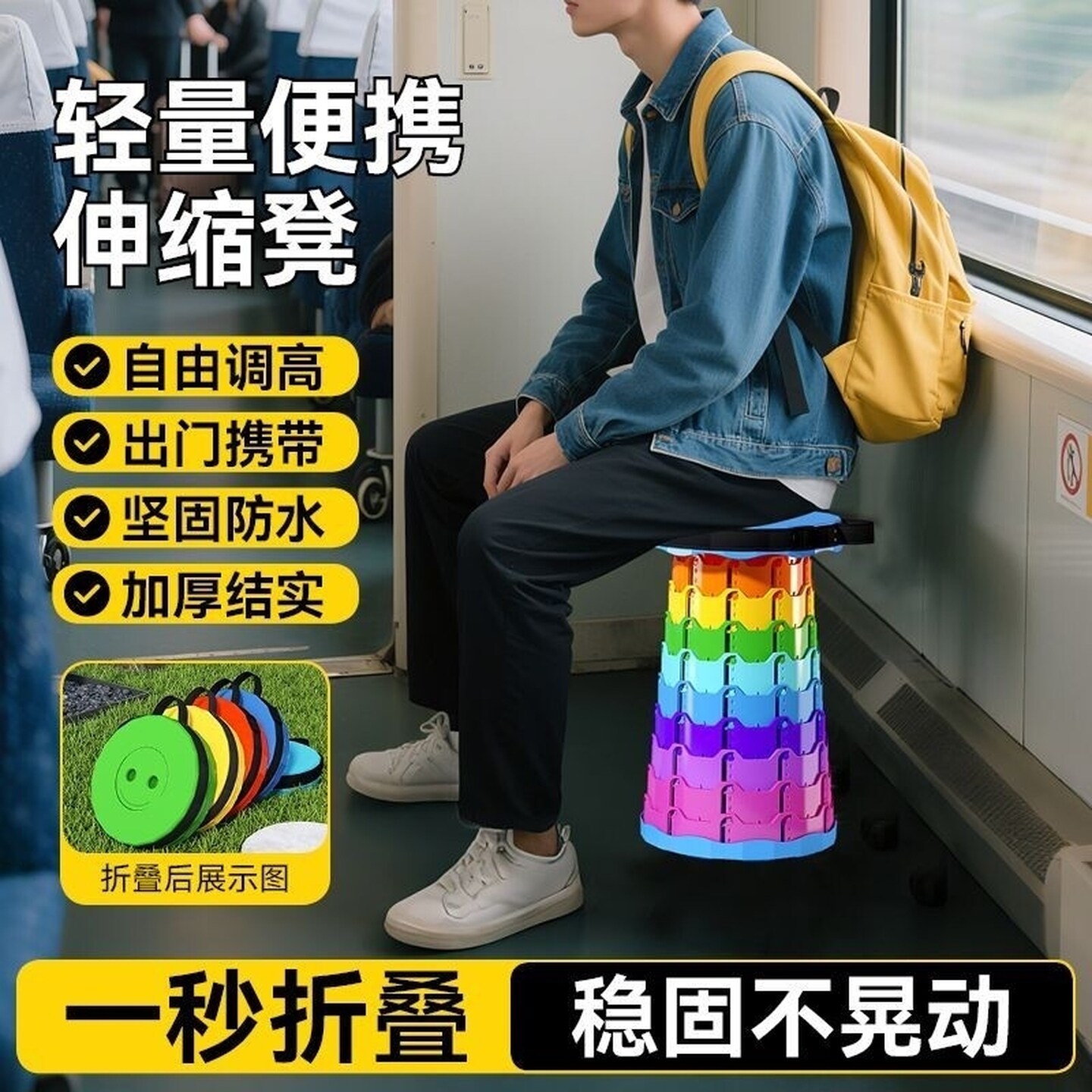 升降凳子彩虹伸缩凳便携式户外折叠凳火车钓鱼圆凳地铁折叠椅马扎