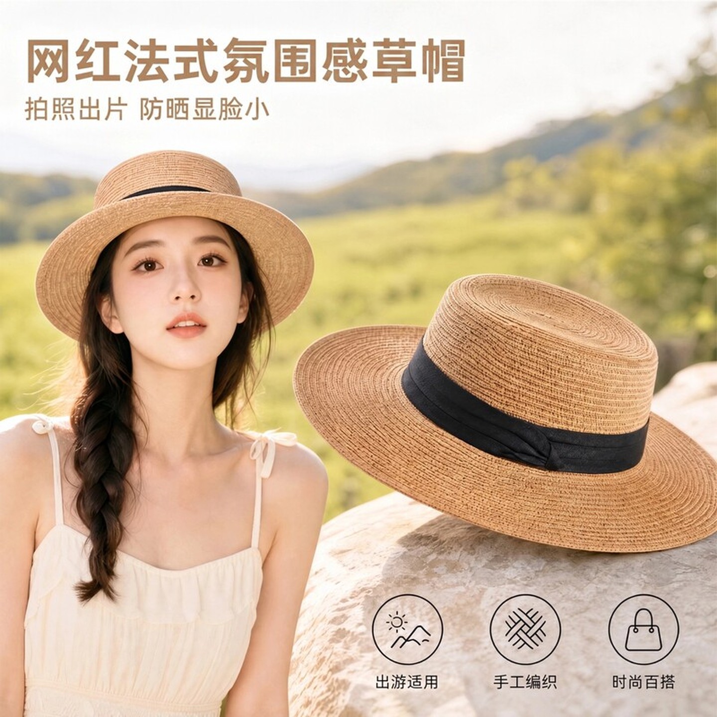 复古法式草帽田园风女赫本夏季帽子遮阳帽草编帽海边度假遮阳防晒