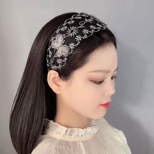 蝴蝶结遮白发神器网红蕾丝发带甜美风 网夹女发夹发箍宽边带齿韩版
