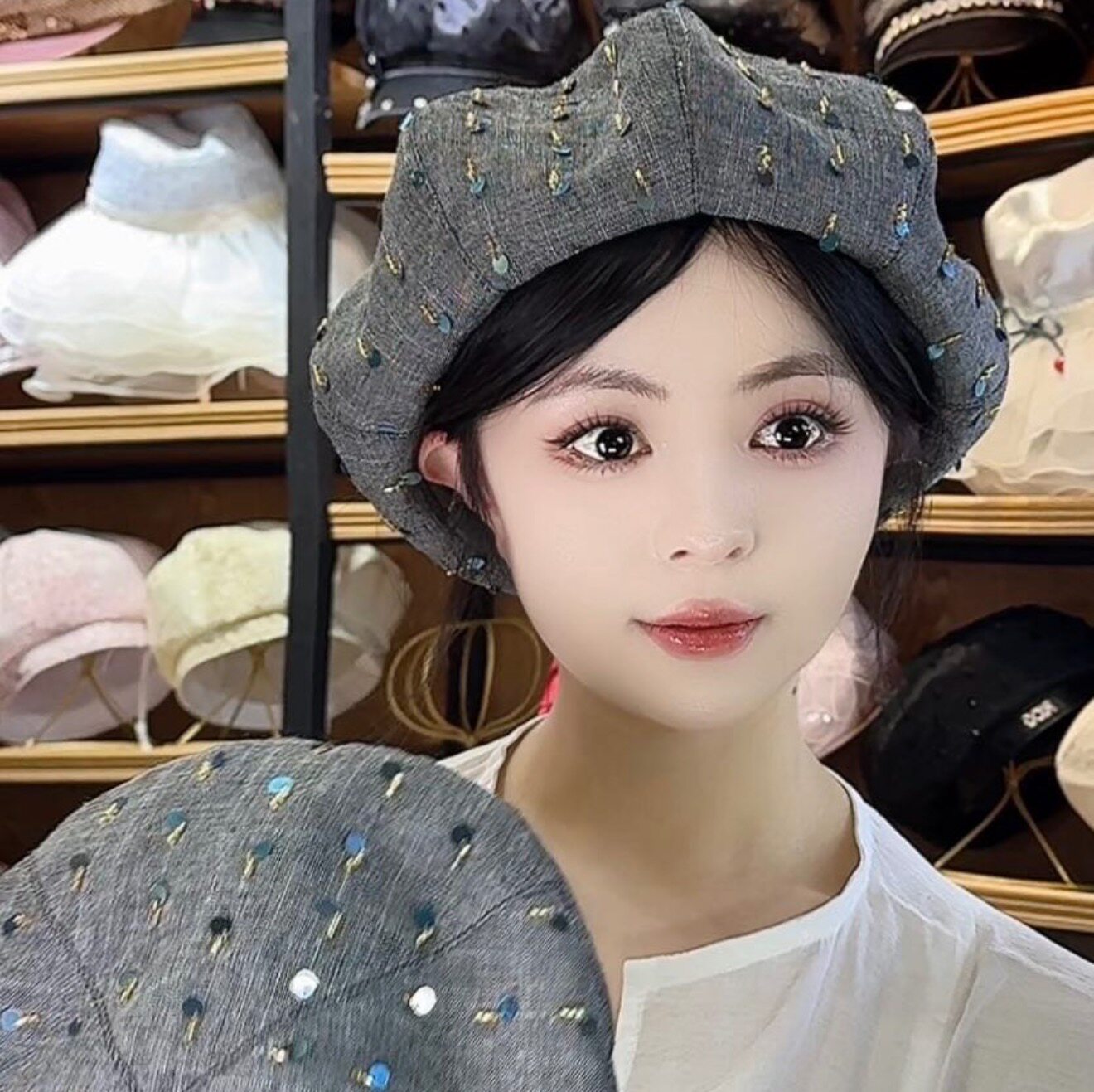 黑色珍珠贝雷帽女逛街洋气百搭显脸小八角帽女士优雅时尚画家帽