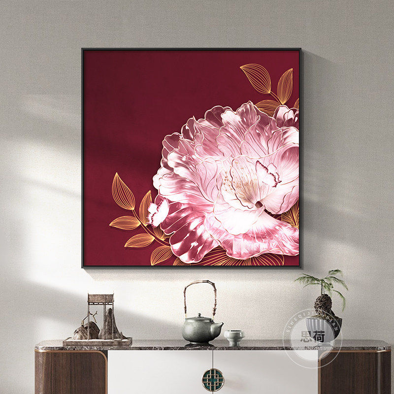 新中式牡丹客厅装饰画大红色玄关壁画茶室书房背景墙禅意方形挂画,家居饰品,国画,淘宝优惠券,粉丝福利购,淘宝优惠卷