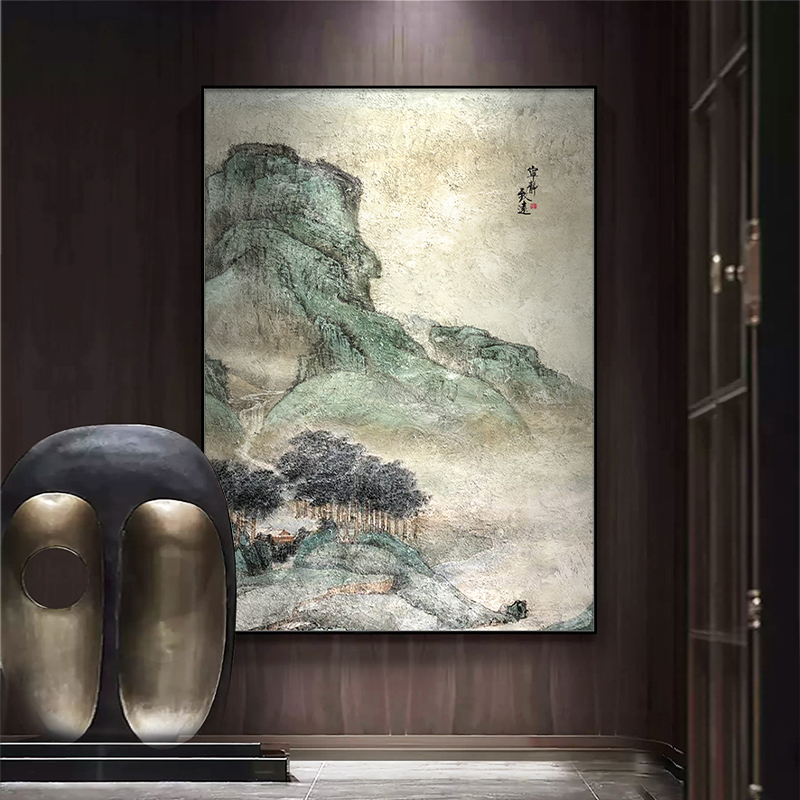 复古山水画新中式走廊过道壁画酒店背景墙装饰画肌理感国画玄关画图片