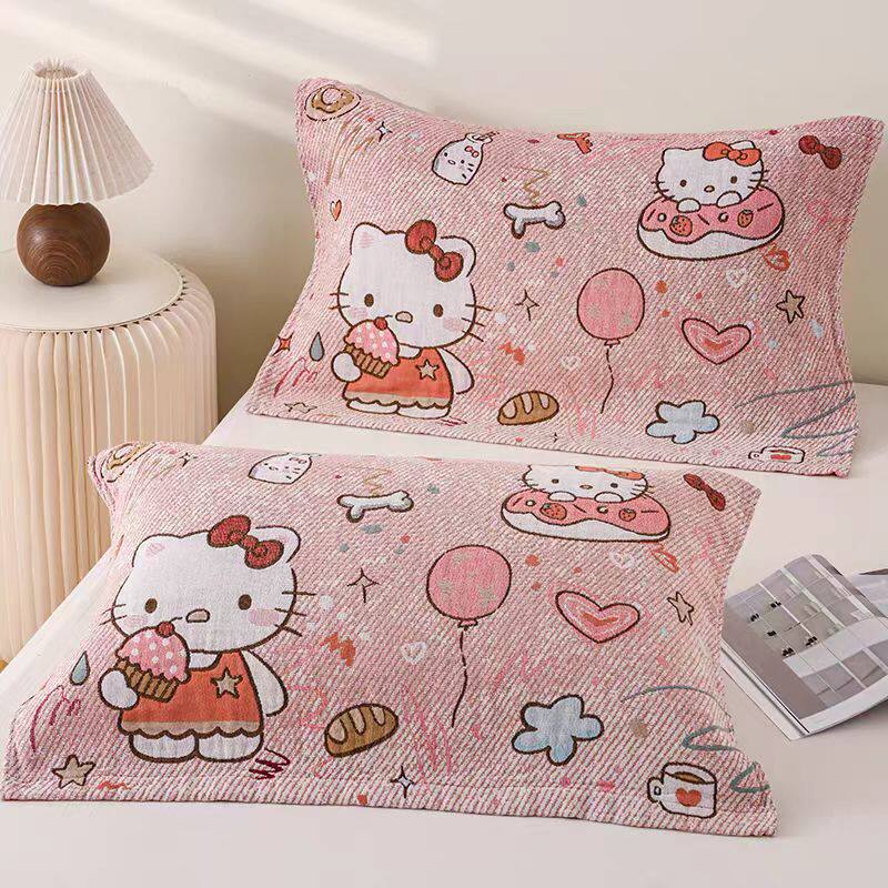 纯棉纱布枕巾大尺寸成人家用印花HelloKitty卡通图案四季通用