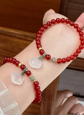 一件红玛瑙手串女马年本命年手红色手链玉髓平安锁设计款饰品