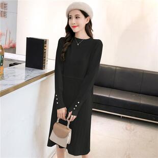 显瘦女装 新款 收腰气质通勤百褶裙2019针织连衣毛线连衣裙打底春季