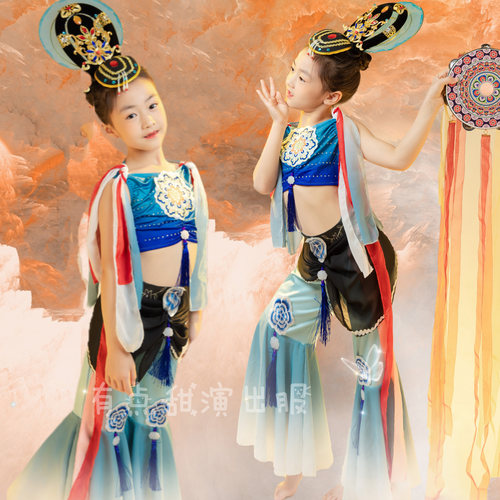 儿童敦煌飞天乐鼓演出服丝路异域风情表演服菩萨佛系舞姿霓裳舞服