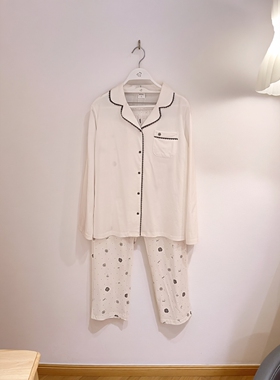 都市丽人女士睡衣LHC1E3翻领无尘棉开扣棉料长袖长裤花边家居服