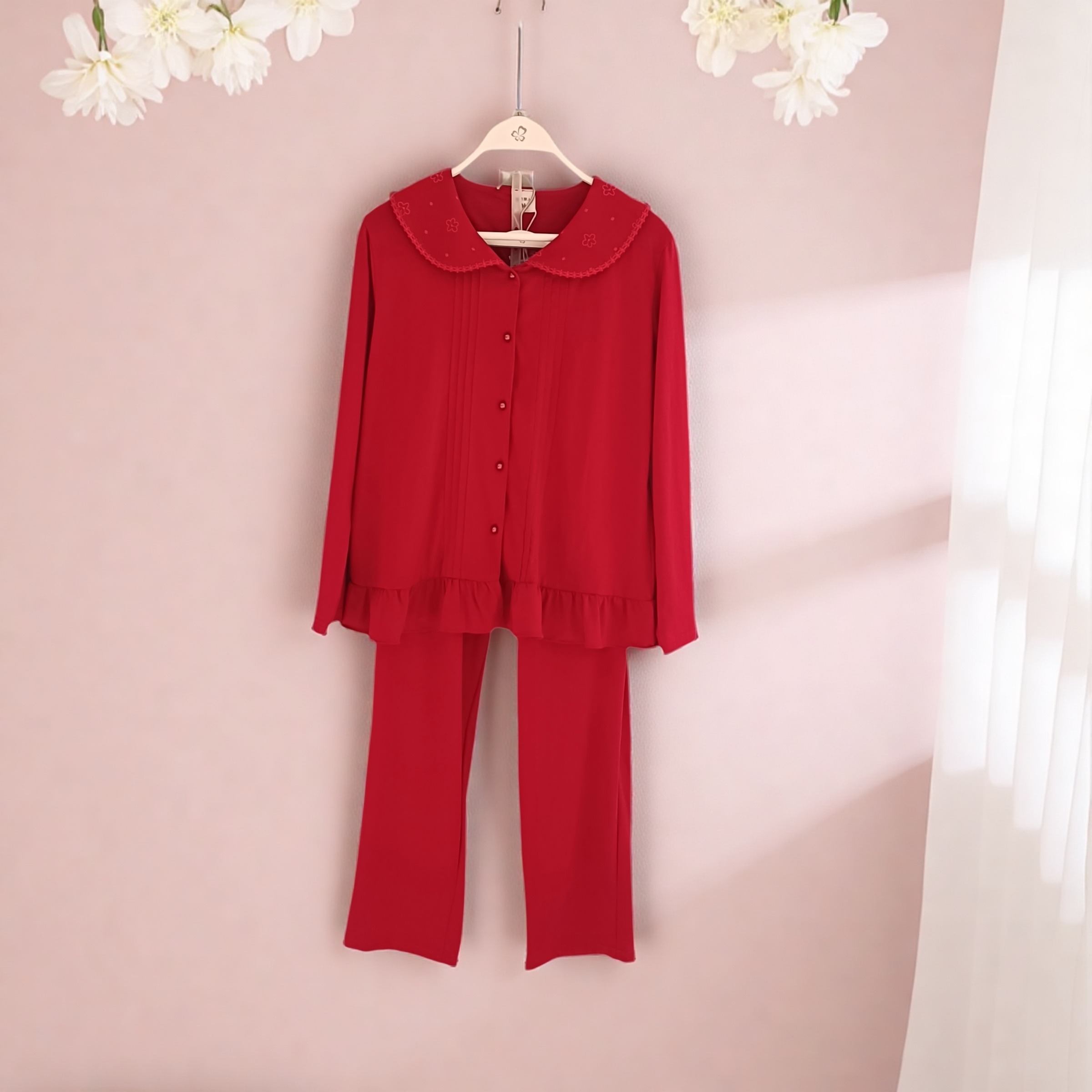 都市丽人女士LHH1G7睡衣本命年大红结婚喜庆娃娃领长袖长裤家居服