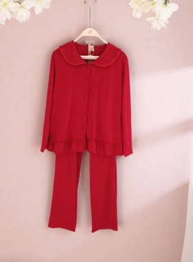 都市丽人女士LHH1G7睡衣本命年大红结婚喜庆娃娃领长袖长裤家居服