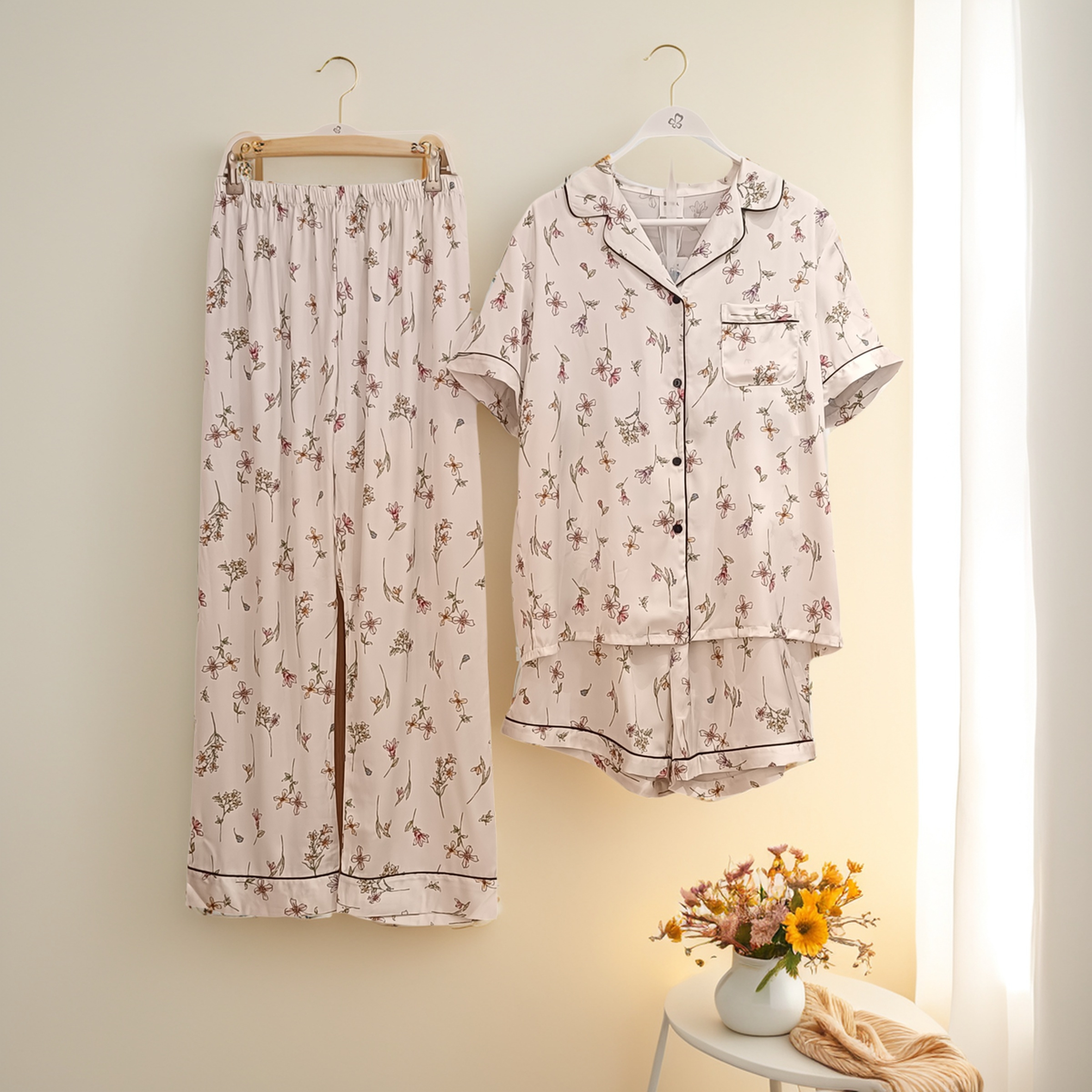 都市丽人女士短袖冰丝三件套睡衣