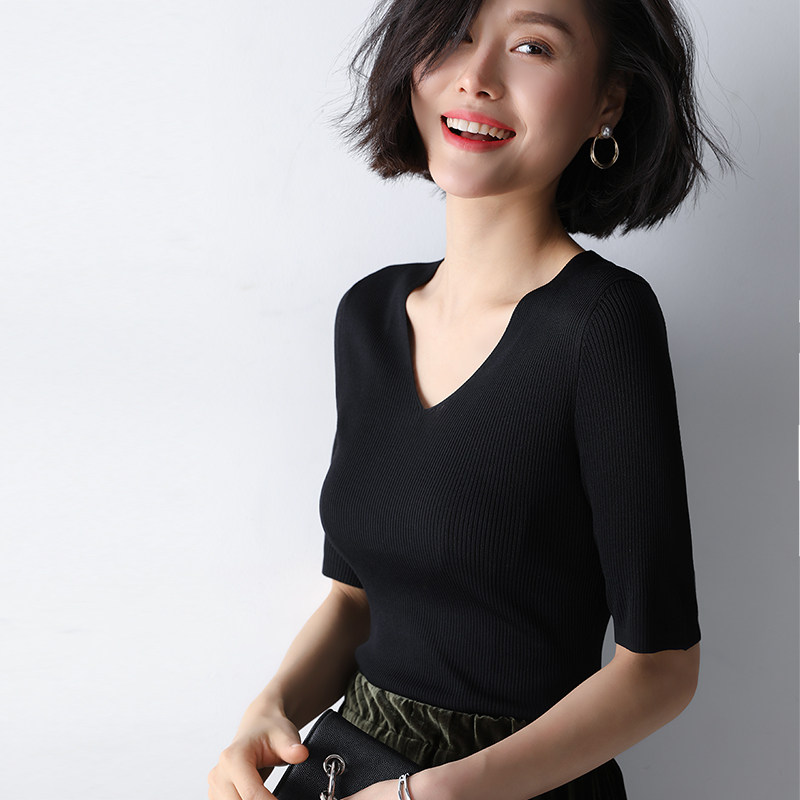 黑色v领上衣女冰丝针织衫短袖