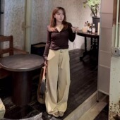 小个子卡其色高腰工装 显高拖地裤 裤 牛仔裤 直筒阔腿裤 知更鸟昂酱