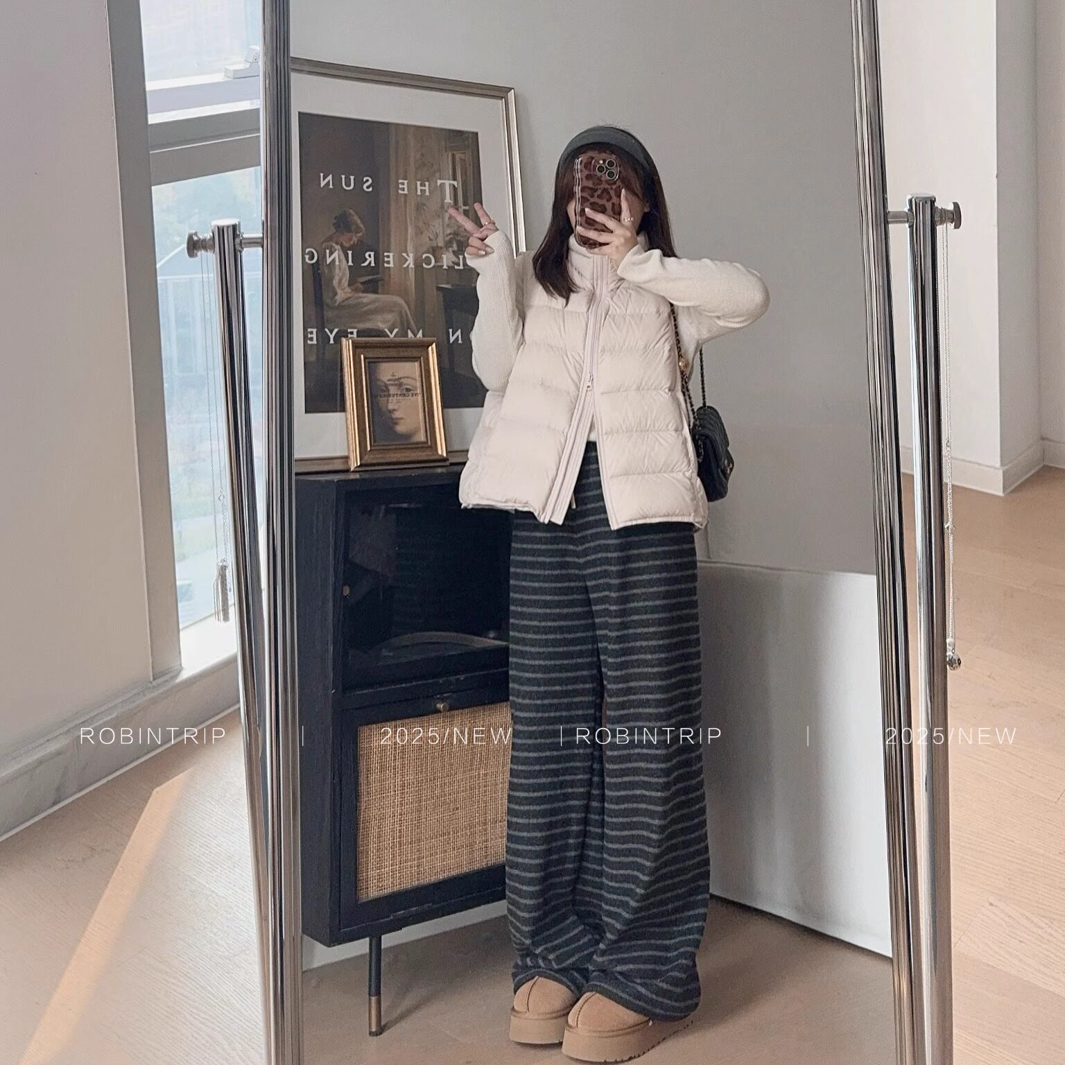 知更鸟昂酱 小个松弛感条纹阔腿裤高腰显瘦保暖子高腰加绒长裤