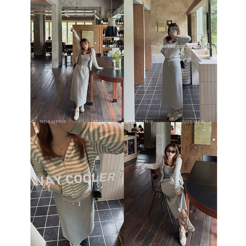 知更鸟昂酱 小个子高腰短款条纹针织卫衣连帽针织衫开衫外套