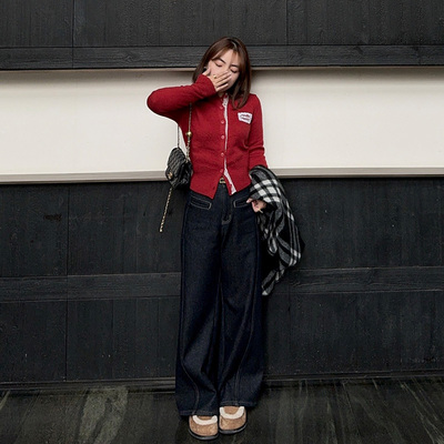 小个子高腰显瘦梨形身材遮胯牛仔裤加厚加绒弯刀阔腿裤