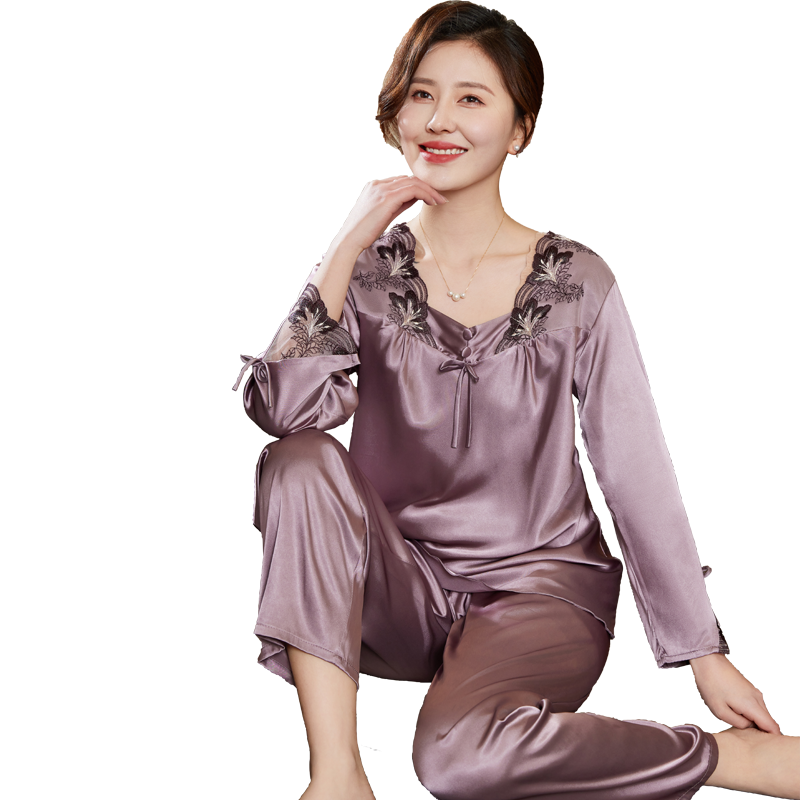 2024新款睡衣女中年妈妈冰丝春秋夏季中老年人中式丝绸七分袖套装
