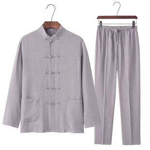 中国风亚麻唐装男式长袖套装中老年爸爸装夏季汉服中式居士服青年