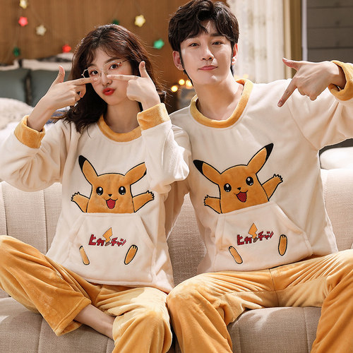 珊瑚绒长袖冬季青年卡通情侣睡衣