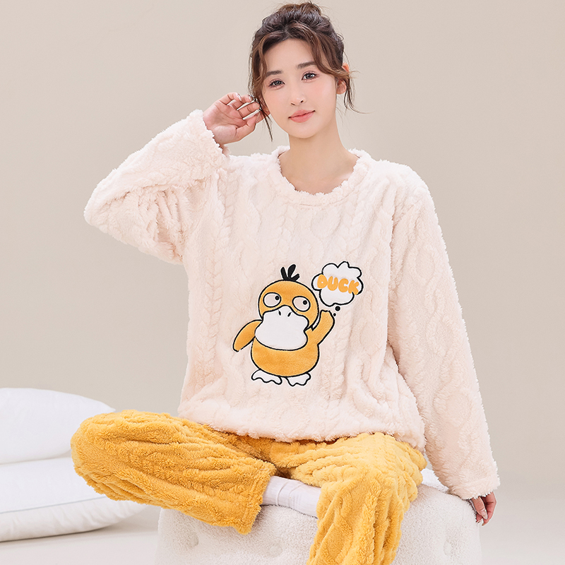 新款秋冬季珊瑚绒睡衣女士加绒加厚保暖冬天大码法兰绒家居服套装