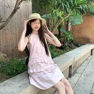 夏季通勤荷叶边设计感粉色背心连衣裙女日系气质减龄无袖短款裙子