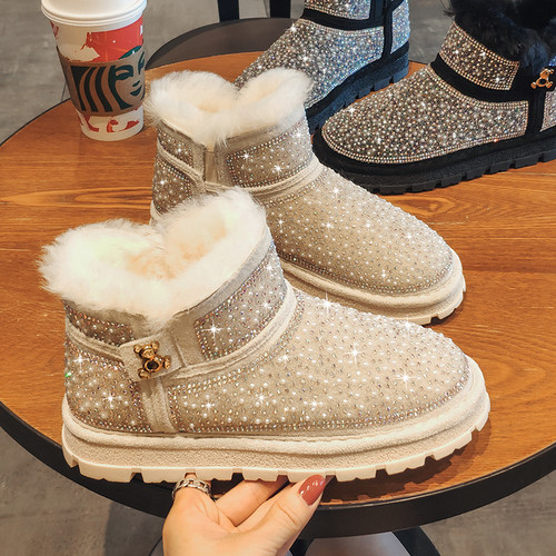 水钻雪地靴保暖棉鞋平底羊毛短靴