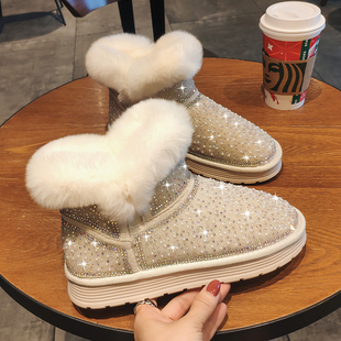 水钻雪地靴女冬满天星毛毛鞋一脚蹬休闲短靴平底加绒加厚保暖棉鞋