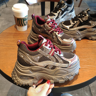 水钻轻便厚底休闲显脚小运动鞋 欧货内增高9cm气垫软底老爹鞋 女秋