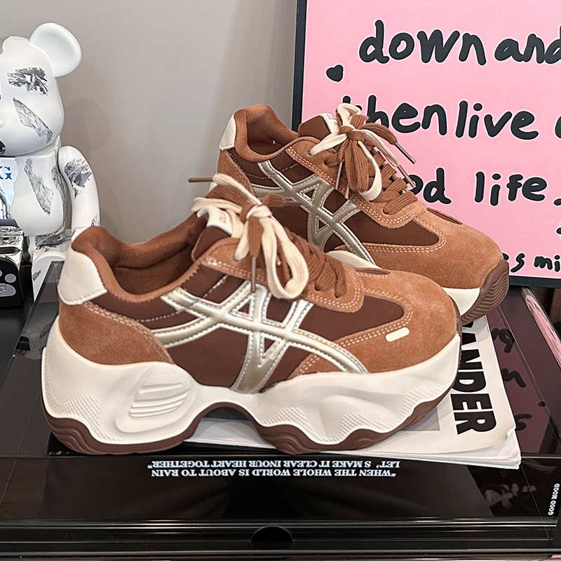 真皮6cm厚底老爹鞋女加绒运动鞋