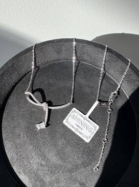 hefang同款丝带结 精工925纯银微笑项链高级感锁骨链钻石吊坠