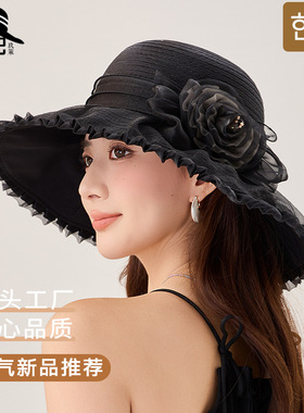 新款时尚遮阳帽女沙滩出游渔夫帽欧根纱花朵妈妈太阳帽防晒盆帽子