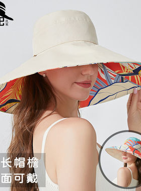 欧美跨境夏季新款大檐双面戴渔夫帽时尚简约印花遮阳防晒帽子女潮