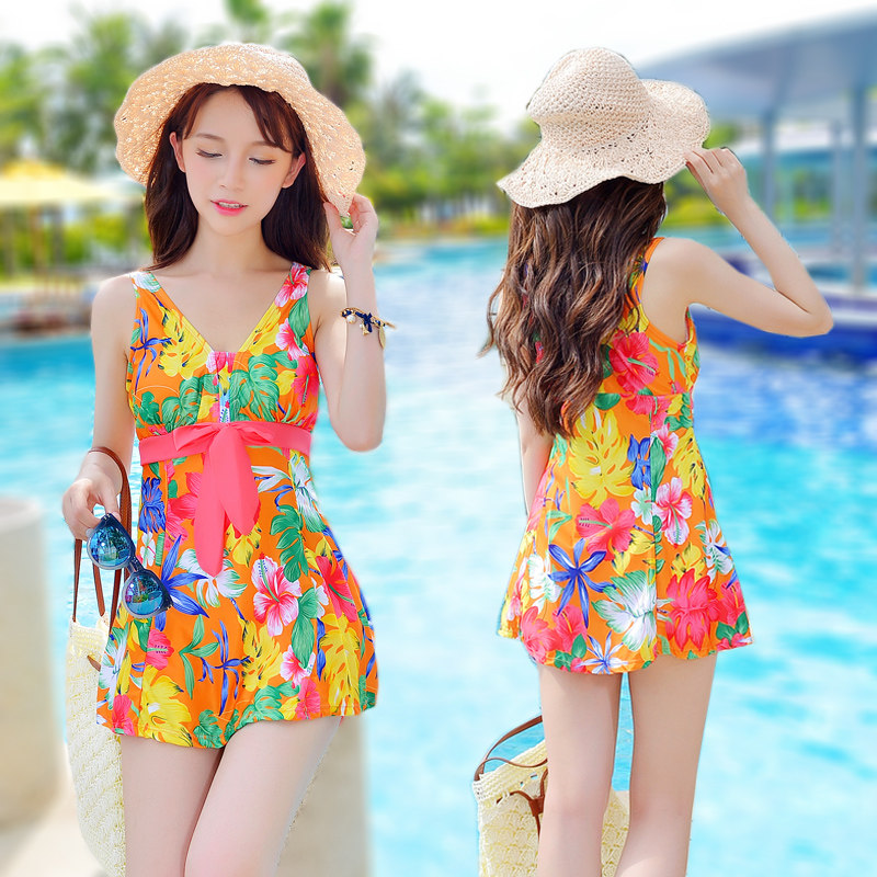 胖mm泳衣女遮肚显瘦大码游泳衣保守妈妈大胸连体裙式泡温泉泳装