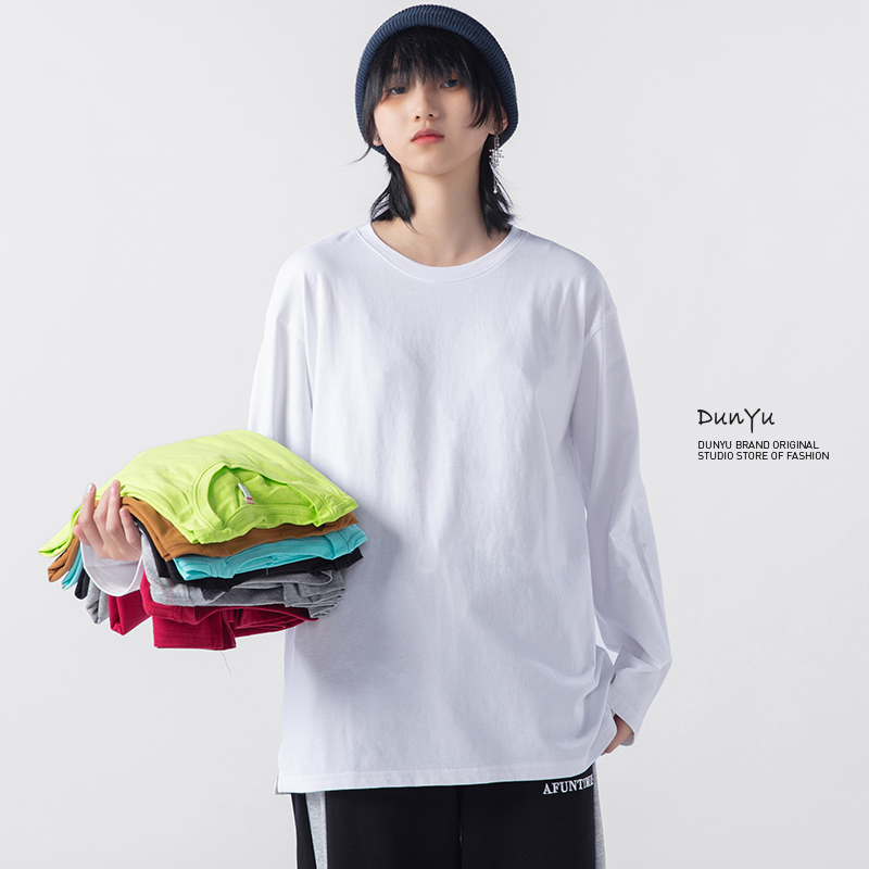 敦域春秋长袖打底T恤男女百搭圆领纯棉体恤美式宽松开叉体恤ins潮