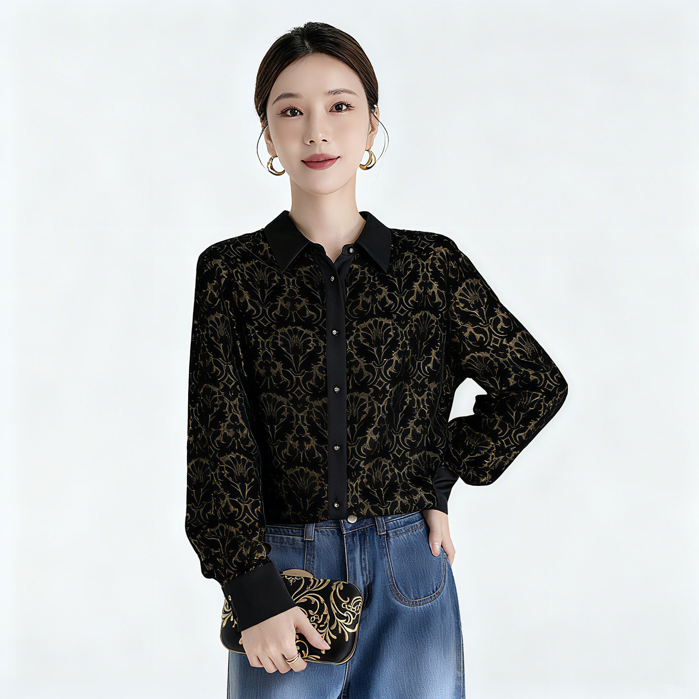 水墨佳人2025真丝衬衫上衣女轻奢时尚减龄丝绒烧花高级感长袖衬衣