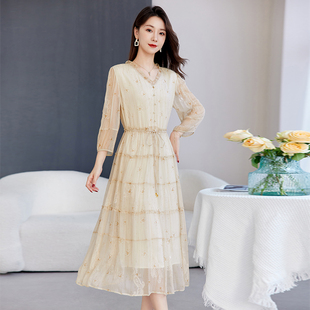 水墨佳人真丝连衣裙女夏洋气纯色中袖系带收腰显瘦A字桑蚕丝裙子