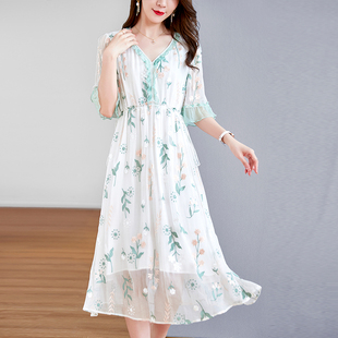 水墨佳人桑蚕丝连衣裙女2025春夏新款高端绣花真丝气质中长款裙子