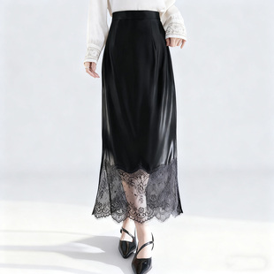 水墨佳人丝毛黑色蕾丝拼接半身裙冬季女中长款显瘦A字裙高腰裙子