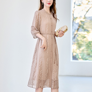 水墨佳人真丝100%桑蚕丝2025新款妈妈款中长款连衣裙绣花大气时尚