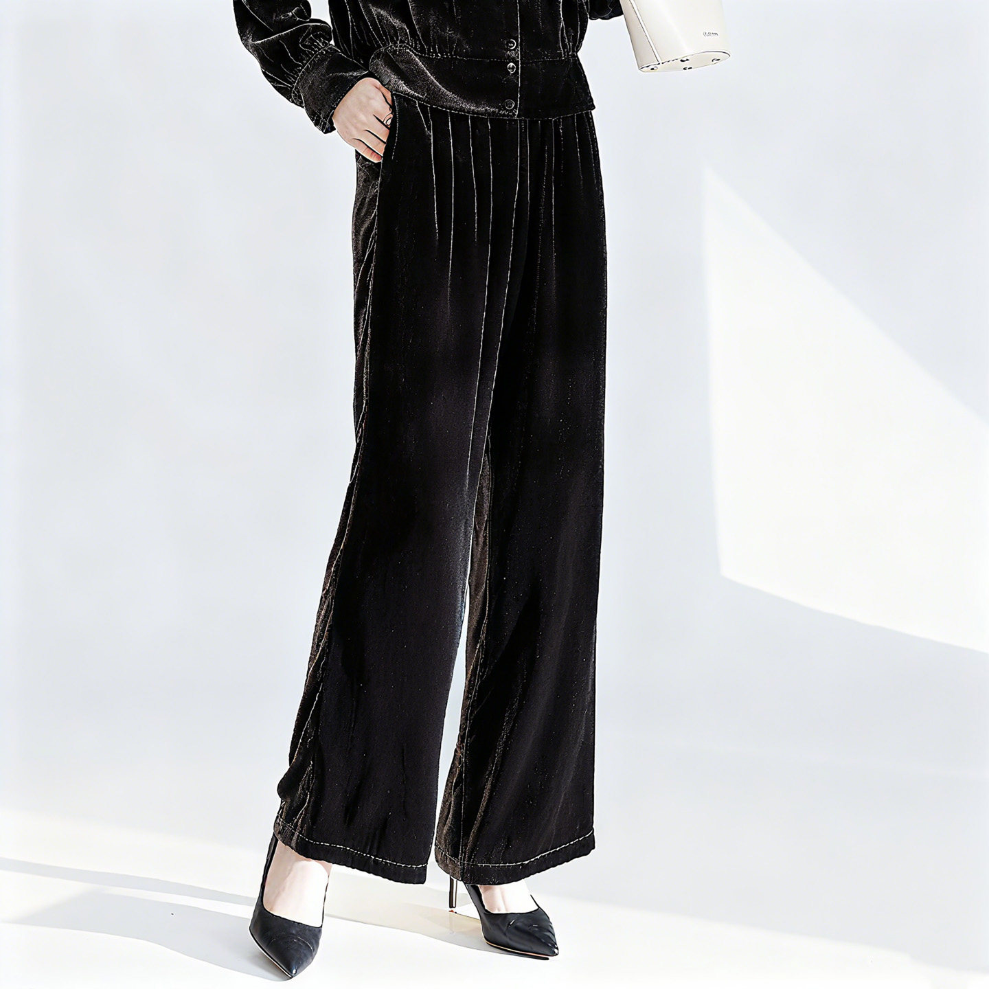 水墨佳人真丝丝绒裤子2025新款秋冬季松紧腰宽松直筒休闲百搭裤子,女装/女士精品,休闲裤,淘宝优惠券,粉丝福利购,淘宝优惠卷