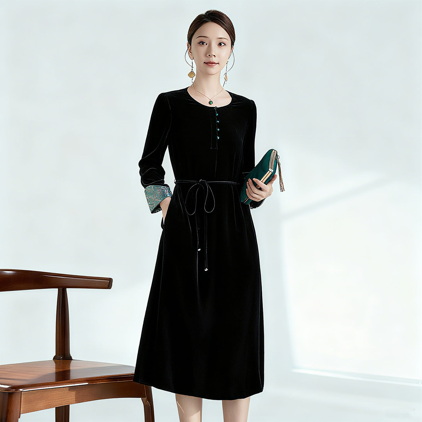 水墨佳人非遗宋锦提花拼接长袖中长款裙桑蚕丝修身真丝丝绒连衣裙