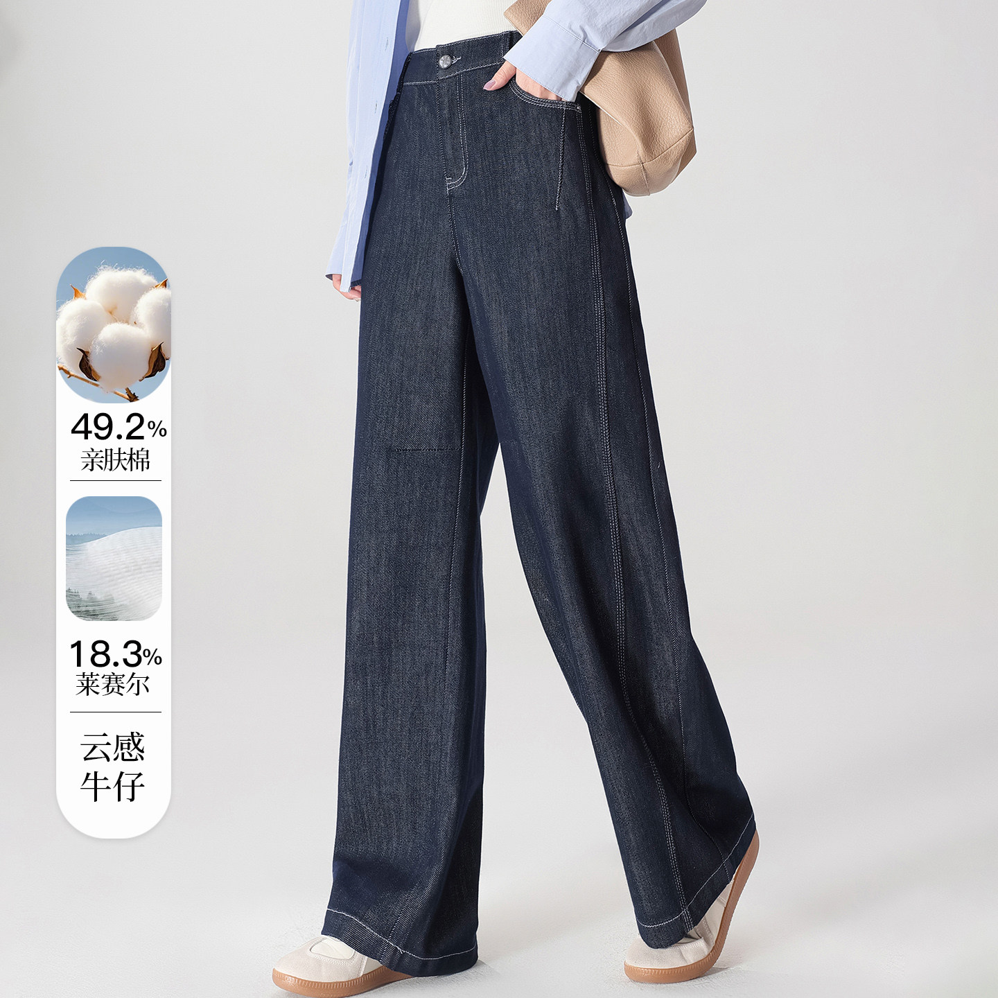 水墨佳人2026春款莱赛尔棉高腰印花阔腿牛仔裤女宽松显瘦显高长裤