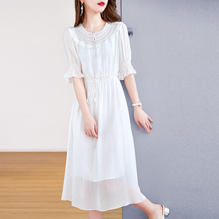 水墨佳人真丝连衣裙女2025秋季新款高端纯色网纱时尚桑蚕丝裙子